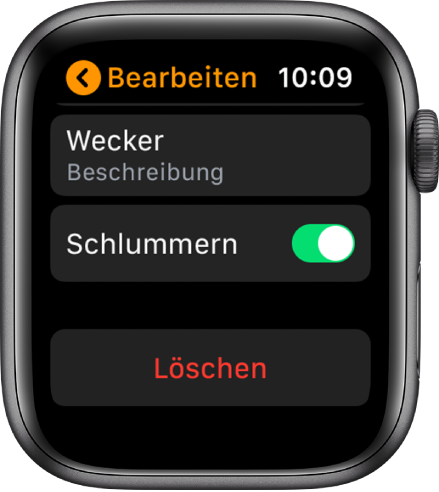 Bildschirm „Wecker bearbeiten“ mit der Taste „Löschen“ unten.