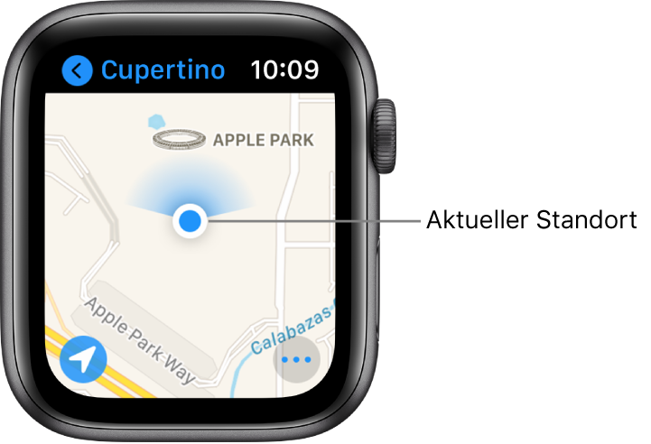 Die App „Karten“ zeigt eine Straßenkarte. Dein Standort wird als blauer Punkt auf der Karte angezeigt. Ein blauer Fächer über dem Standortpunkt gibt an, dass die Uhr nach Norden zeigt.