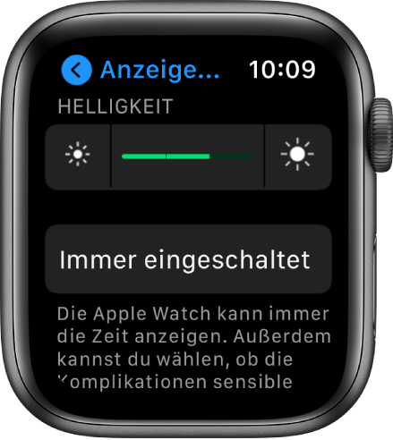 Display mit „Anzeige & Helligkeit“ und dem Helligkeitsregler sowie der Taste „Immer eingeschaltet“.