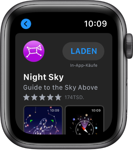 Die Apple Watch mit der App „App Store“. Oben auf dem Display befindet sich ein Suchfeld, darunter eine Sammlung mit Apps.