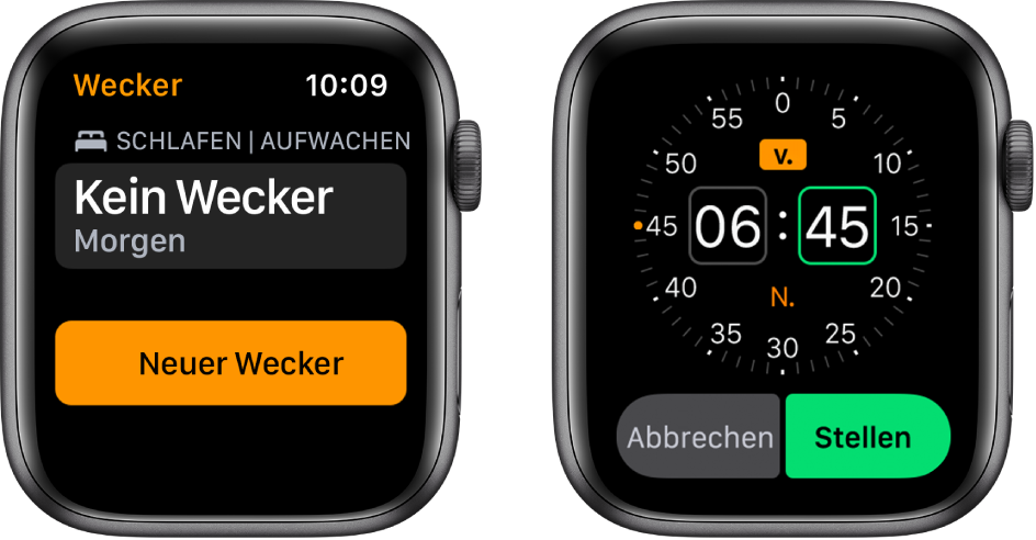 Zwei Ansichten der Uhr, die die Vorgehensweise zum Hinzufügen eines Weckers zeigen: Tippe auf „Wecker hinzufügen“, drehe die Digital Crown, um die Zeit anzupassen, und tippe auf „Stellen“.