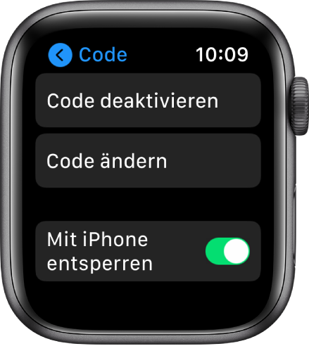 Codeeinstellungen auf der Apple Watch, oben die Taste „Code deaktivieren“, darunter „Code ändern“ und unten „Mit iPhone entsperren“.