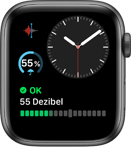 Das Zifferblatt „Modular Kompakt“ zeigt eine analoge Uhr oben rechts, eine Komplikation „Sprachmemos“ oben links und eine Komplikation „Wetter“ in der Mitte links sowie unten eine Komplikation „Geräusche“.