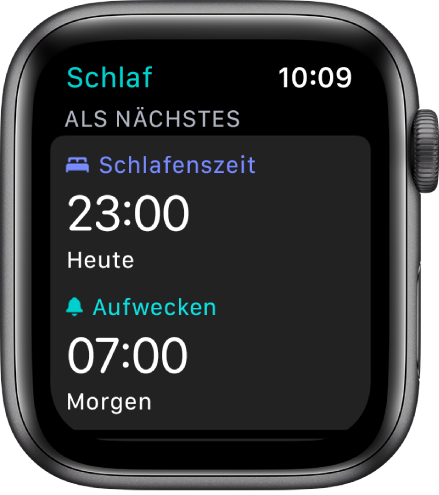 Die Anzeige „Schlaf“ mit dem Schlafplan für den Abend. Als „Schlafenszeit“ ist oben „23:00 Uhr“ eingestellt. Darunter steht als Aufwachzeit „7:00“.