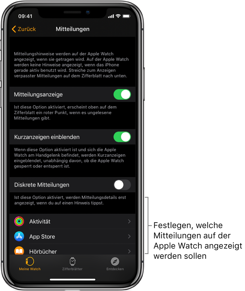 Die Anzeige „Mitteilungen“ in der Apple Watch-App auf dem iPhone mit verschiedenen Quellen für Mitteilungen.