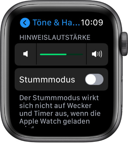 Die Einstellungen für „Töne & Haptik“ auf der Apple Watch mit dem Regler „Warnton-Lautstärke“ oben und der Taste „Stummmodus“ darunter.