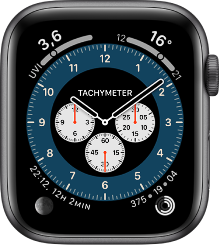 Die Tachymeter-Version des Zifferblatts „Chronograph Pro“. Es sind vier Komplikationen zu sehen: Oben links „UV-Index“, oben rechts „Temperatur“, unten links „Mondphase“ und unten rechts „Aktivität“.