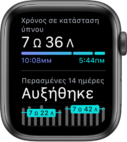 Στην εφαρμογή «Ύπνος» στο Apple Watch εμφανίζονται ο χρόνος σε κατάσταση ύπνου στο πάνω μέρος και η τάση ύπνου σας κατά τις περασμένες 14 ημέρες.