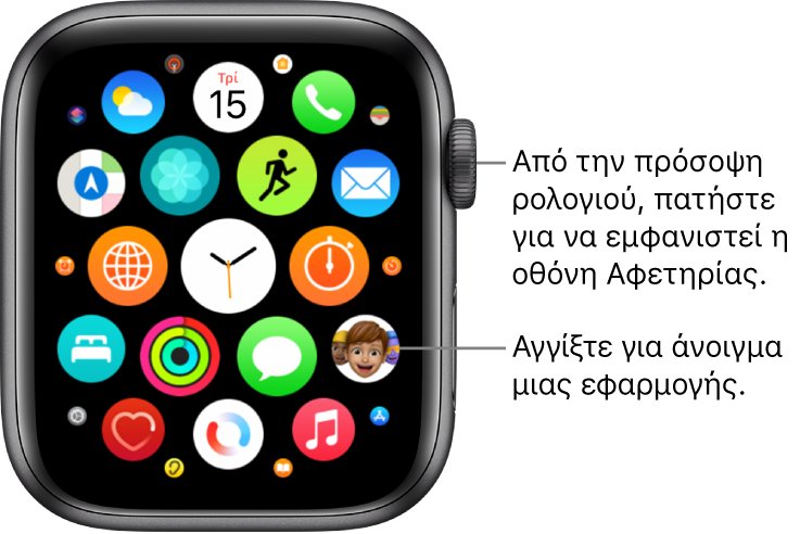 Η οθόνη Αφετηρίας σε προβολή πλέγματος στο Apple Watch, με εφαρμογές σε σύμπλεγμα. Αγγίξτε μια εφαρμογή για να την ανοίξετε. Σύρετε για να δείτε περισσότερες εφαρμογές.