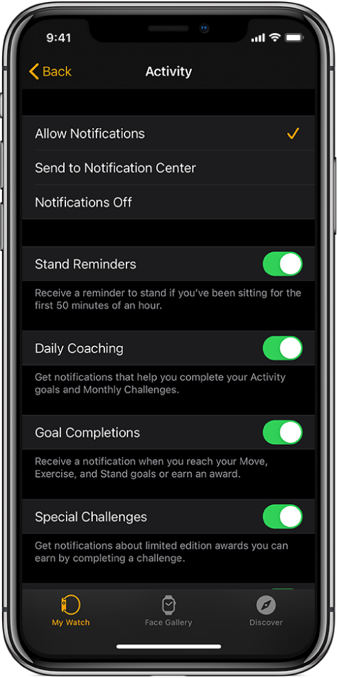 The Activity screen in the Apple Watch app, where you can customize the notifications you want to get.