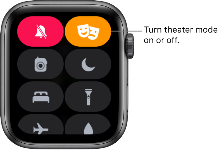 Control Center with theater mode and silent mode buttons highlighted to show theater mode is on.