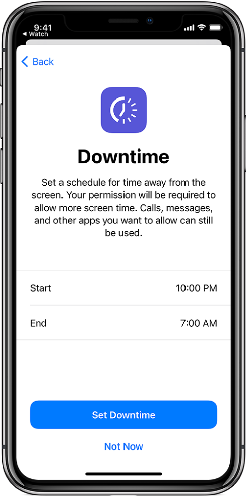 iPhone showing the Downtime setup screen. Choose start and end time in the center of the screen. The Set Downtime and Not Now buttons are at the bottom of the screen.