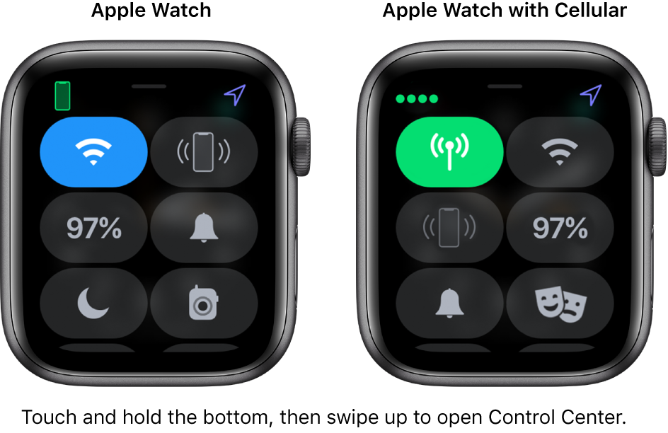 Two images: Apple Watch without cellular on the left, showing Control Center. The Wi-Fi button is at the top left, Ping iPhone button at the top right, Battery Percentage button at the center left, Silent Mode button at the center right, Do Not Disturb at the bottom left, and Walkie-Talkie button at the bottom right. The right image shows Apple Watch with cellular. Its Control Center shows the Cellular button at the top left, Wi-Fi button at the top right, Ping iPhone button at the center left, Battery Percentage button at the center right, Silent Mode button at the bottom left, and Do Not Disturb button at the bottom right.