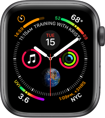 The Infograph watch face showing complications in each corner and four subdials in the middle.