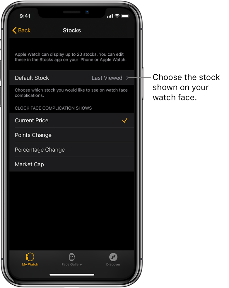 The Stock settings screen in the Apple Watch app on iPhone, showing options for choosing your Default Stock, which is set to Last Viewed.