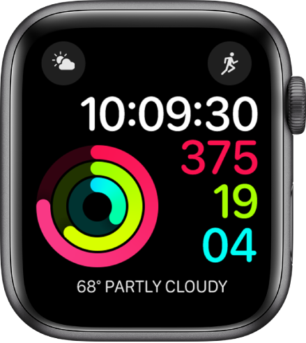 Activity Digital watch face showing the time as well as Move, Exercise, and Stand goal progress. There are also three complications: Weather Conditions at the top left, Workout at the top right, and Weather at the bottom.