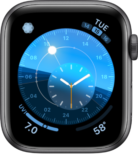 The Solar Dial watch face with a round dial that indicates the position of the sun. An inner dial displays the analog time. There are four complications shown: Breathe at the top left, Date at the top right, UV Index at the bottom left, and Weather Temperature at the bottom right.