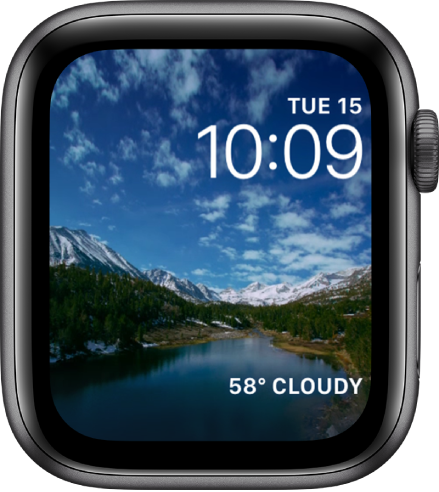 The Timelapse watch face shows timelapse video of a scenic locale. At the bottom is the Weather complication.