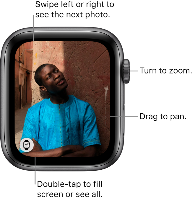 While viewing a photo, turn the Digital Crown to zoom, drag to pan, or double-tap to switch between viewing all of the photo and filling the screen. Swipe left or right to see the next photo. Tap the Watch Face button at the bottom left to create a watch face from the photo.