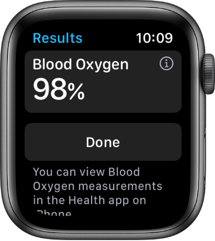 The Blood Oxygen results screen showing a blood saturation level of 98 percent. A Done button is at the bottom.