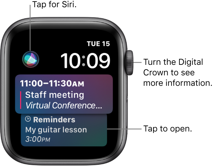 The Siri watch face showing a reminder and a calendar event. A Siri button is at the top-left of the screen. The date and time are at the top right.