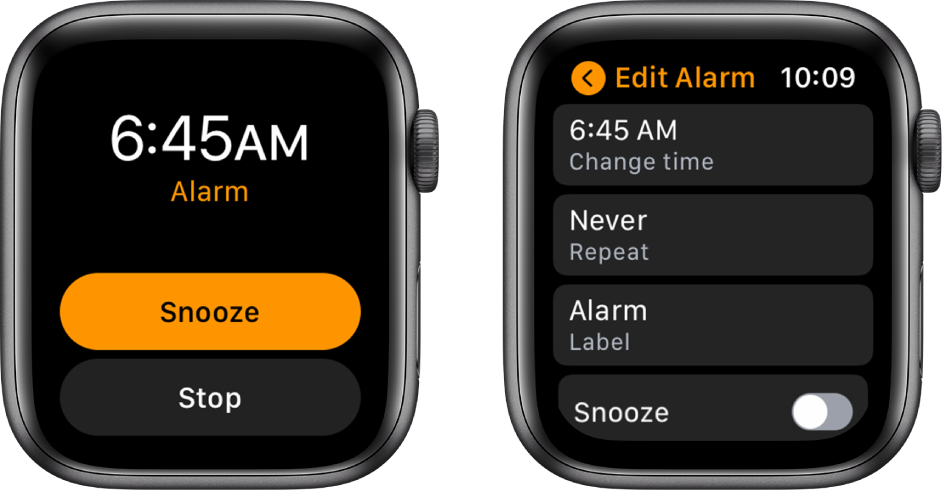 Two watch screens: One shows a watch face with Snooze and Stop buttons, and the other shows the Edit Alarm settings, with Change time, Repeat, and Alarm buttons below. A Snooze switch is at the bottom. The Snooze switch is turned off.