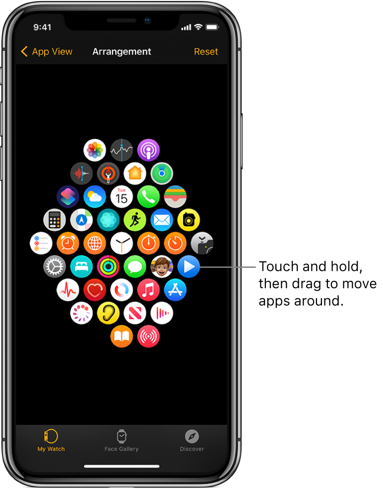 The Arrangement screen in the Apple Watch app showing a grid of icons.