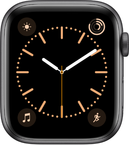 The Color watch face, where you can adjust the color of the watch face. It shows four complications: Weather at the top left, Activity at the top right, Music at the bottom left, and Workout at the bottom right.