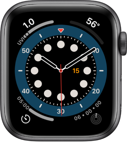 The Count Up watch face. It shows four complications: UV Index at the top left, Temperature at the top right, Timer at the bottom left, and Activity at the bottom right.