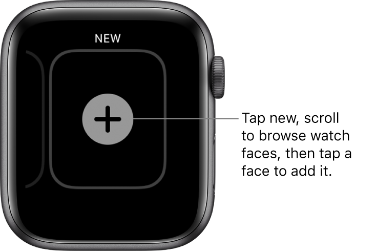 New watch face screen, with a plus button in the middle. Tap to add a new watch face.