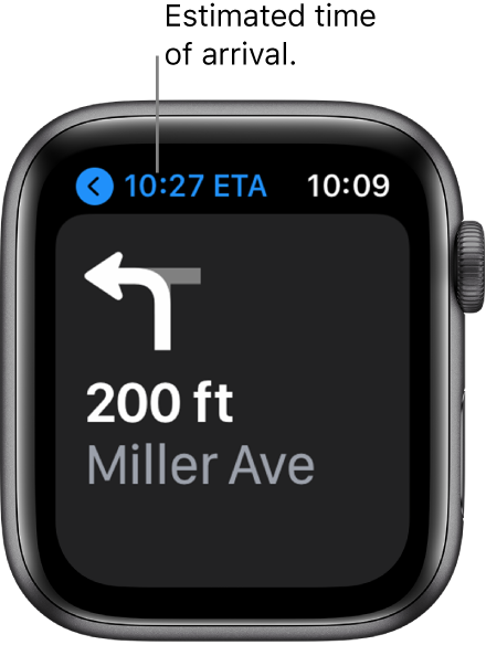 The Maps app showing the estimated time of arrival at the top left, the name of the street where you next turn, and the distance before you make that turn.