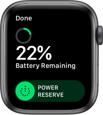 The Power Reserve screen showing the Done button at the top left, remaining battery percentage, and the Power Reserve slider.