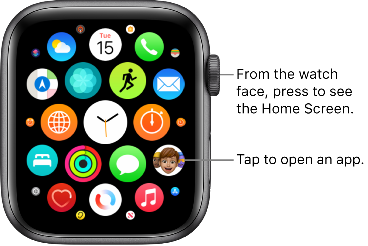 Home Screen in grid view on Apple Watch, with apps in a cluster. Tap an app to open it. Drag to see more apps.