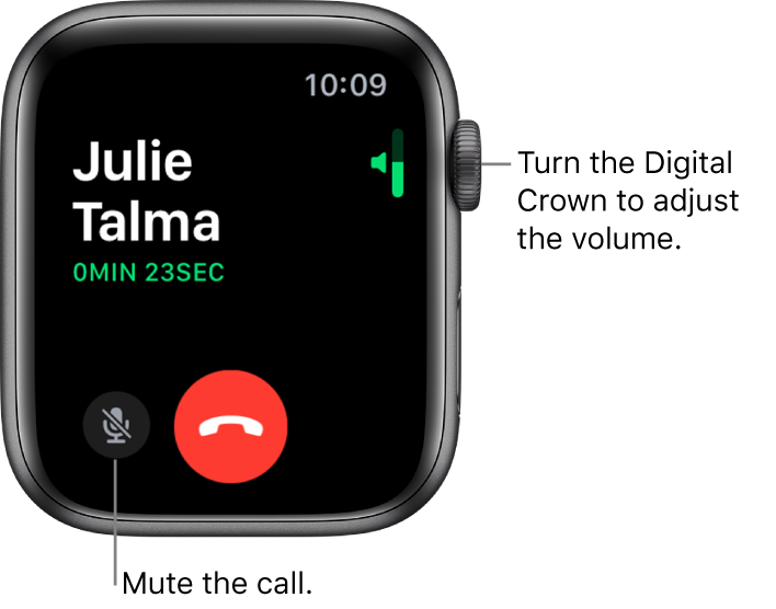 During an incoming phone call, the screen shows the horizontal volume indicator at the top right, the Mute button at the bottom left, and the red Decline button. The duration of the call appears below the caller’s name.