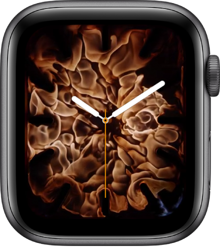 The Fire and Water watch face showing an analog clock in the middle and fire around it.