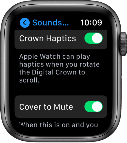 The Crown Haptics screen, showing the Crown Haptics switch turned on. The Cover to Mute button is below.