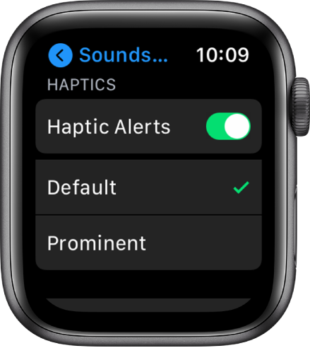 Sounds & Haptics settings on Apple Watch, with the Haptic Alerts switch, and Default and Prominent options below it.