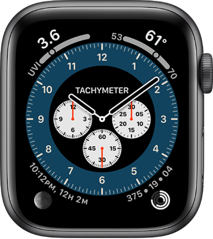 The Tachymeter variation of the Chronograph Pro watch face. It shows four complications: UV Index at the top left, Temperature at the top right, Moon Phase at the bottom left, and Activity at the bottom right.