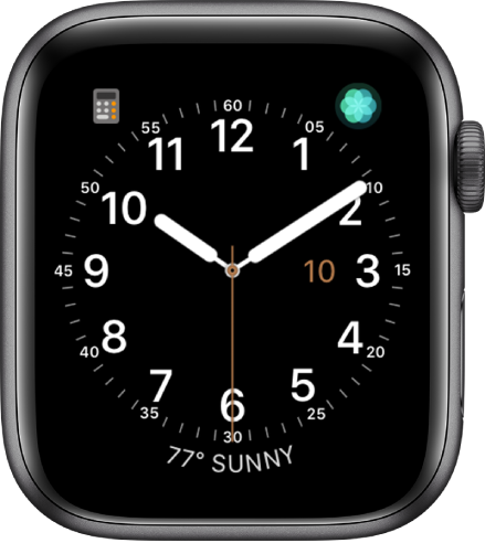 The Utility watch face, where you can adjust the color of the second hand and adjust the numbering and detail of the dial. Three complications appear: Calculator at the top left, Breathe at the top right, and Weather at the bottom.