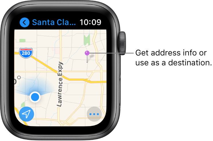 The Maps app shows a map with a purple pin placed on it, which can be used to get the approximate address of a spot on the map, or as a destination for directions.