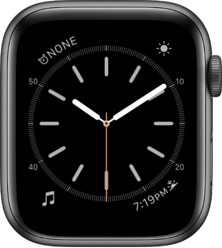 The Simple watch face, where you can adjust the color of the second hand and adjust the numbering and detail of the dial. There are four complications shown: Alarm at the top left, Weather at the top right, Music at the bottom left, and Sunrise/Sunset at the bottom right.