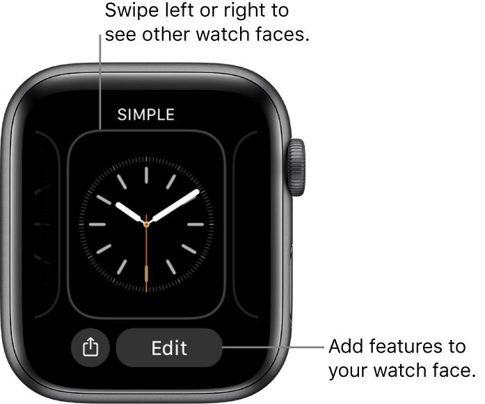 When you touch and hold the watch face, you see the current watch face with Share and Edit buttons at the bottom. Swipe left or right to see other watch face options. Tap a complication to add the features you want.