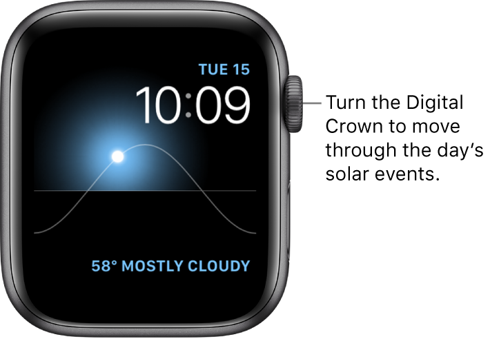 The Solar watch face displays the day, date, and current time, which can’t be modified. A Weather complication appears at the bottom right. Turn the Digital Crown to move the sun in the sky to dusk, dawn, zenith, sunset, and darkness.