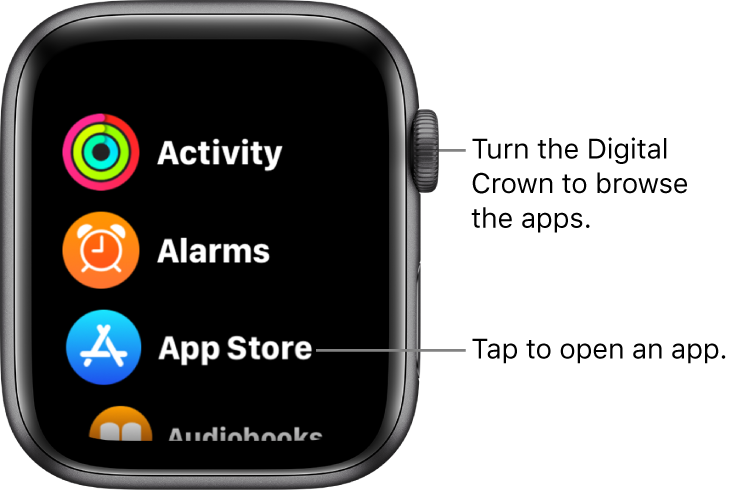 Home Screen in list view on Apple Watch, with apps in a list. Tap an app to open it. Scroll to see more apps.