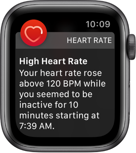 The High Heart Rate screen showing a notification that your heart rate rose above 120 BPM while you’ve been inactive for 10 minutes.