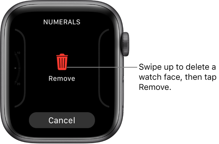 The Apple Watch screen showing Remove and Cancel buttons, which appear after you swipe to a watch face, then swipe up on it to delete it.