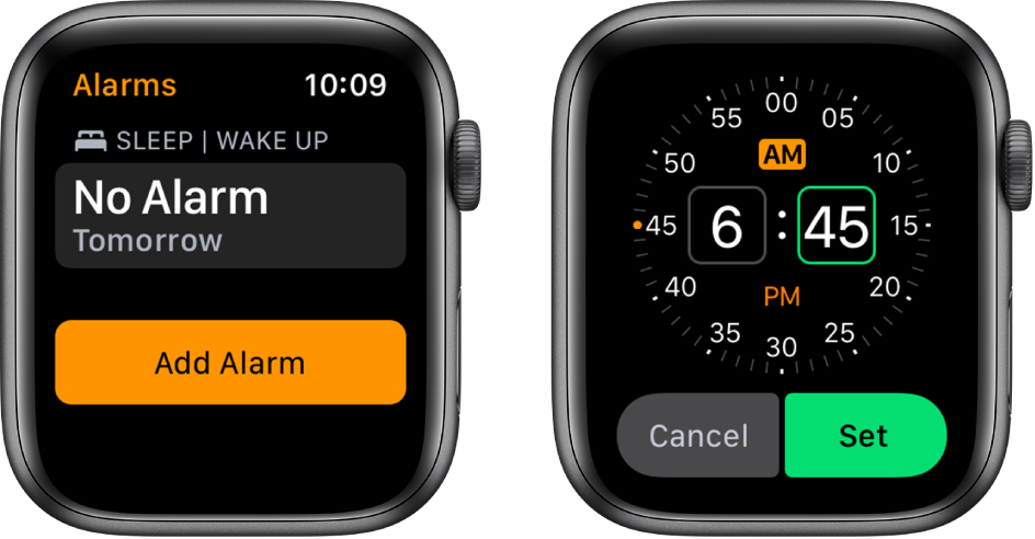 Two watch screens showing the process for adding an alarm: Tap Add Alarm, tap AM or PM, turn Digital Crown to adjust the time, then tap Set.