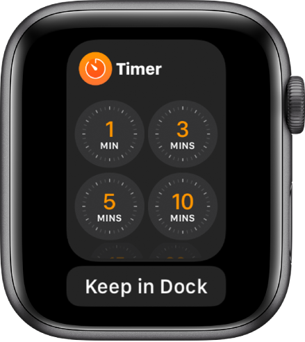 The Timer app screen in the Dock, with the Keep in Dock button below it.