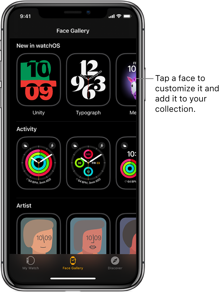 Apple Watch app open to the Face Gallery. The top row shows faces that are new, the next rows show watch faces grouped by type—Activity and Artist, for example. You can scroll to see more faces grouped by type.