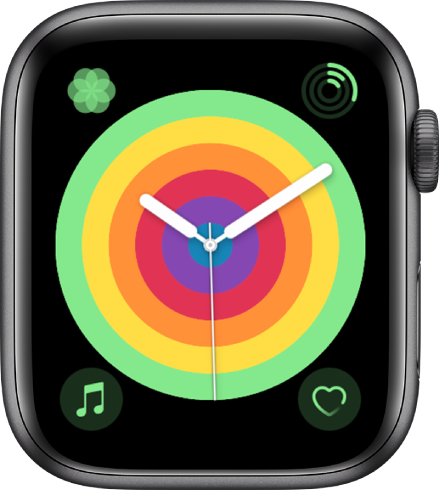 The Pride Analog watch face using the Circular style. There are four complications shown: Breathe at the top left, Activity at the top right, Music at the bottom left, and Heart Rate at the bottom right.